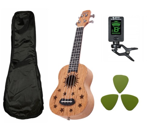 Ukulele Sopranowe Gwiazdy Grawerowane Laila + Akcesoria