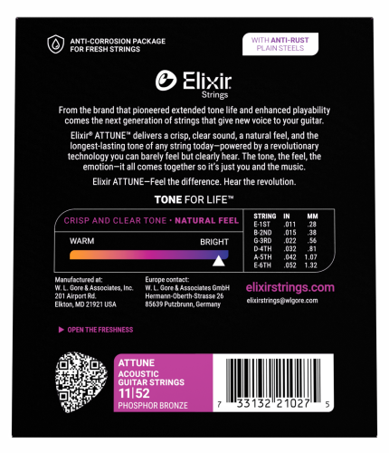 Struny Do Gitary Akustycznej Elixir Attune 11-52 Phosphore Bronze powlekane