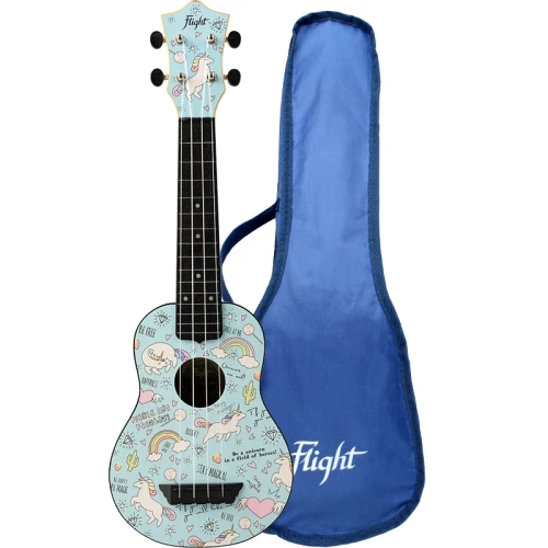 Ukulele sopranowe Flight TUS40 Unicorn – kolorowy wzór, top z lipy, konstrukcja ABS, pokrowiec w zestawie