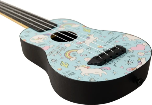 Ukulele sopranowe Flight TUS40 Unicorn – kolorowy wzór, top z lipy, konstrukcja ABS, pokrowiec w zestawie