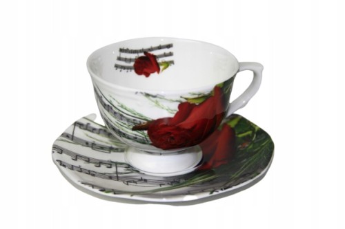 Filiżanka Porcelanowa Nutki Róża Muzyczna - ZESTAW - Prezent dla Muzyka